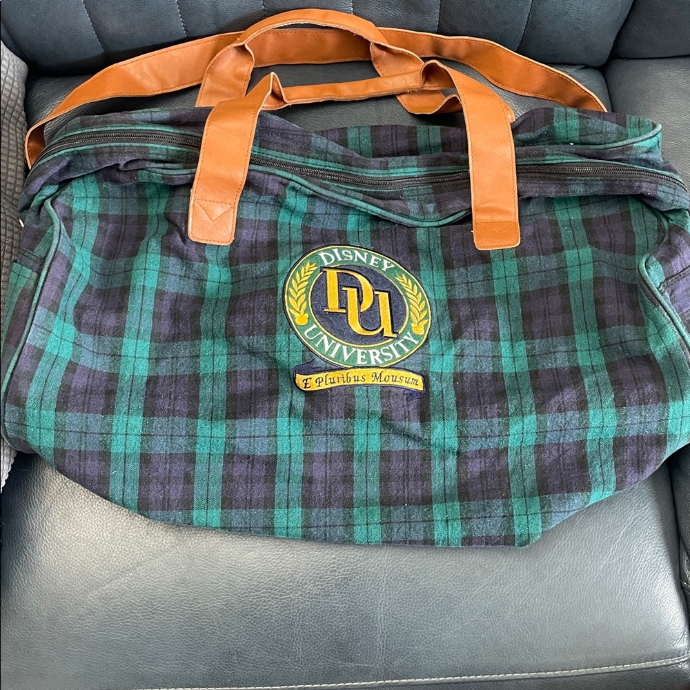 Disney University Plaid Duffel with Tan Handles and Strap